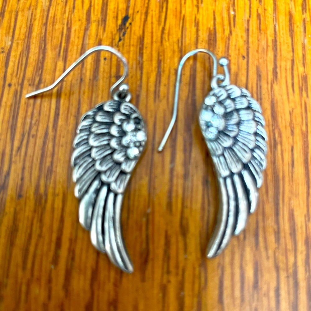 Silver Wing Dangle Earrings w/Crystal Accents